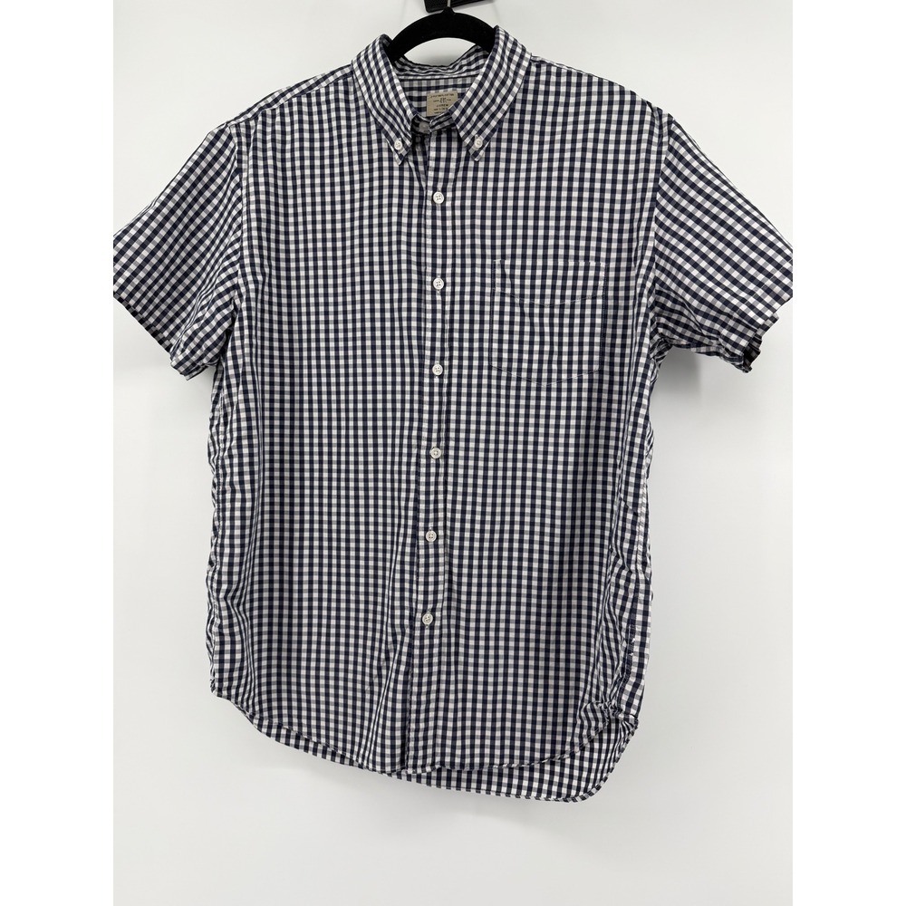 J.Crew Mens Large Gingham Shirt Navy Blue White Cotton Short Sleeve Button Down